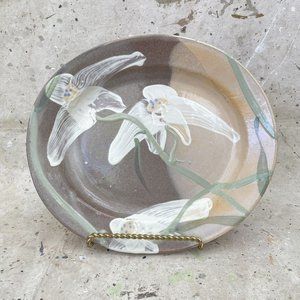 Vintage Studio Pottery Ceramic Platter, Hand Painted Orchid Motif, 12” X 10”